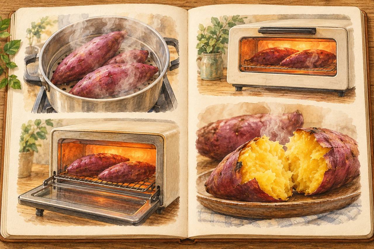 紅はるかの二つの焼き方を描いた見開きのイラスト。左は蒸してから焼く方法、右は低温でじっくり焼く方法